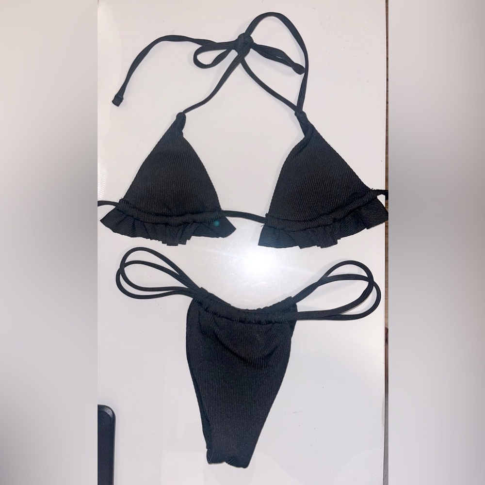 High waisted black ruffled string bikini